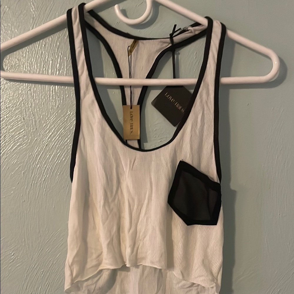 White and Black Asymmetrical Sleeveless Crop Tank Top
